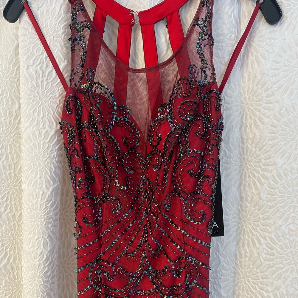 Aria Couture Burgundy with Blue Colored Sequin Strap Dress